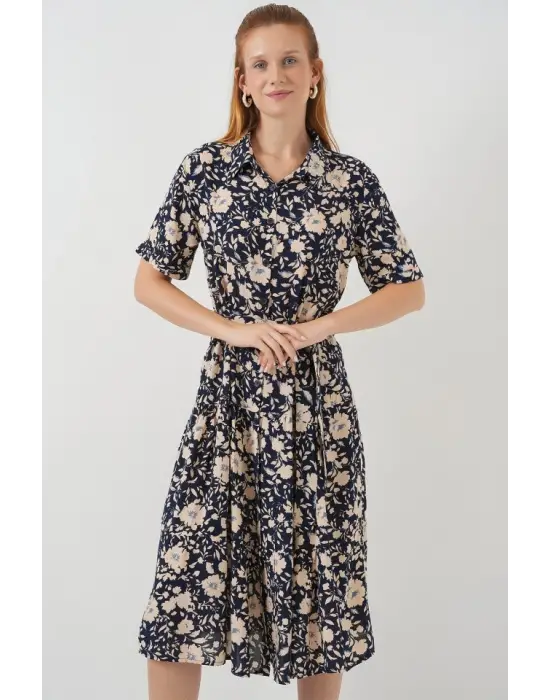 Kısa Kol Desenli Elbise 2560 - Lacivert