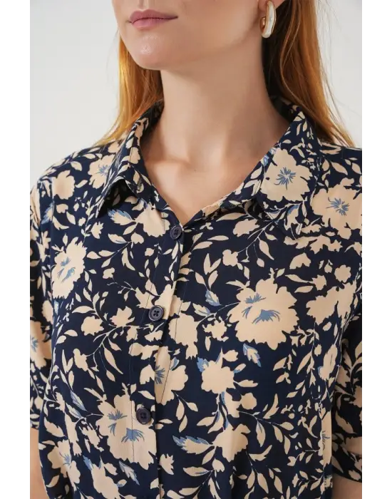 Kısa Kol Desenli Elbise 2560 - Lacivert