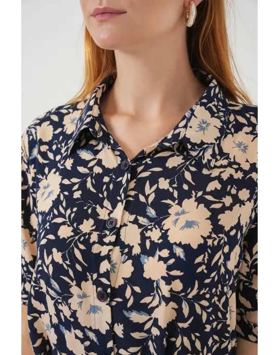 Kısa Kol Desenli Elbise 2560 - Lacivert