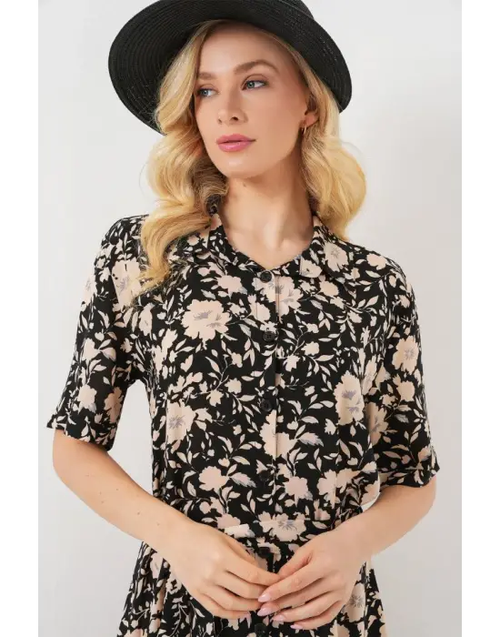 Kısa Kol Desenli Elbise 2560 - Siyah