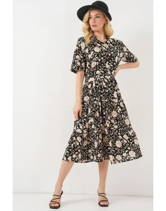 Kısa Kol Desenli Elbise 2560 - Siyah
