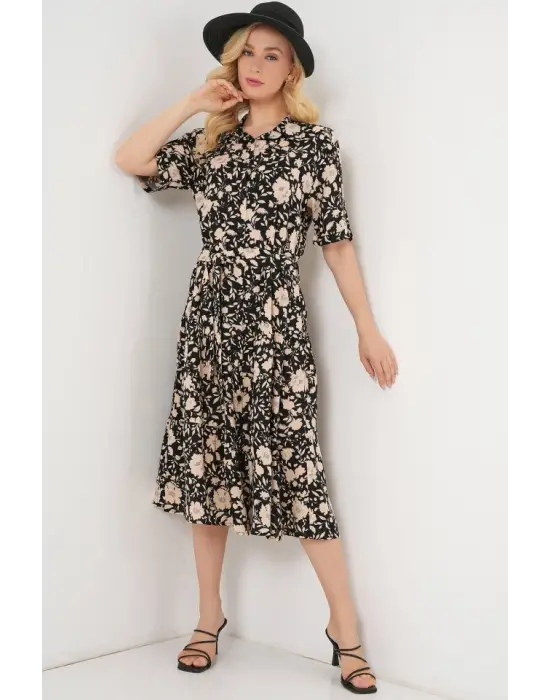 Kısa Kol Desenli Elbise 2560 - Siyah