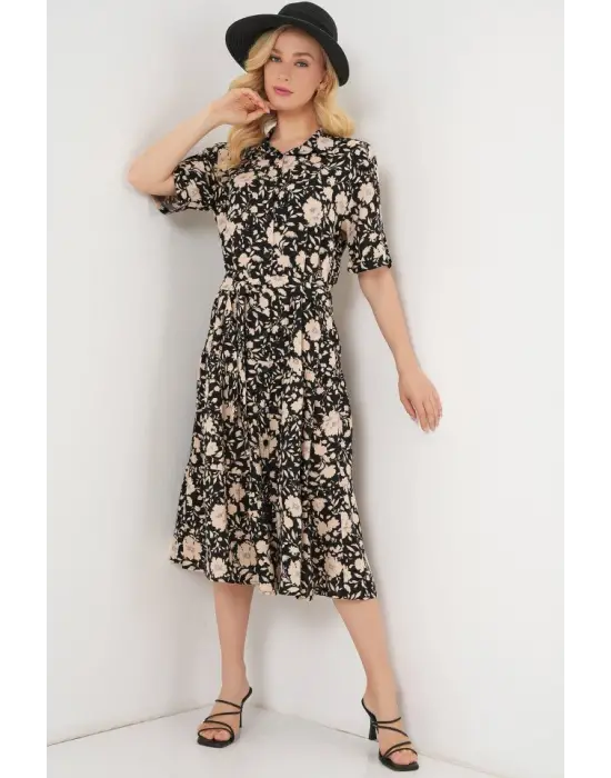 Kısa Kol Desenli Elbise 2560 - Siyah