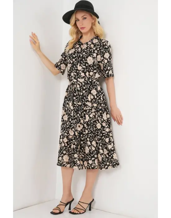 Kısa Kol Desenli Elbise 2560 - Siyah