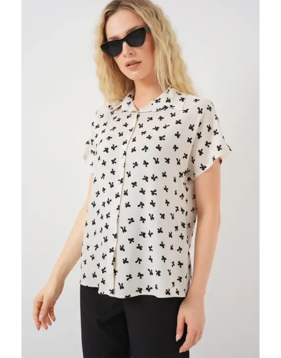 Kısa Kol Desenli Gömlek 20310 - Krem