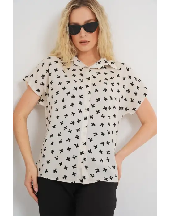 Kısa Kol Desenli Gömlek 20310 - Krem