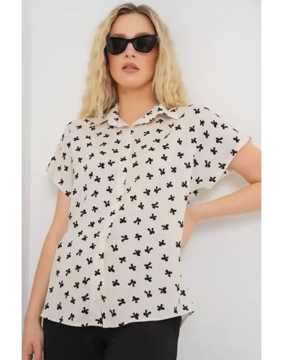 Kısa Kol Desenli Gömlek 20310 - Krem