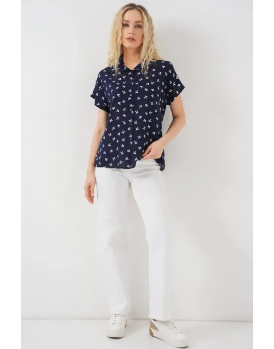 Kısa Kol Desenli Gömlek 20310 - Lacivert