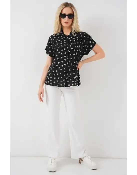 Kısa Kol Desenli Gömlek 20310 - Siyah