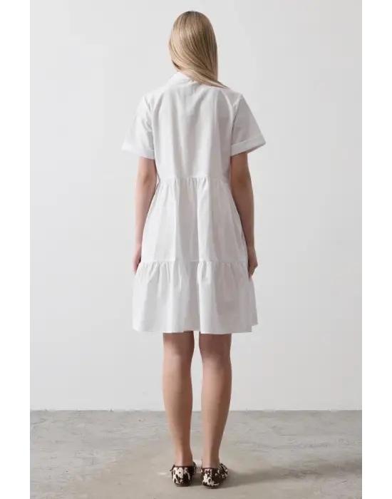 Kısa Kol Düğmeli Elbise - Beyaz