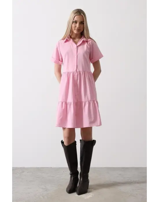 Kısa Kol Düğmeli Elbise - Şeker Pembe