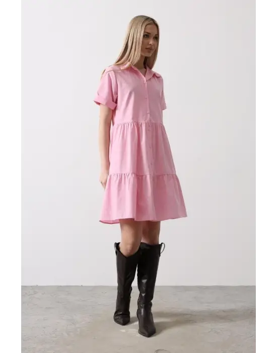 Kısa Kol Düğmeli Elbise - Şeker Pembe