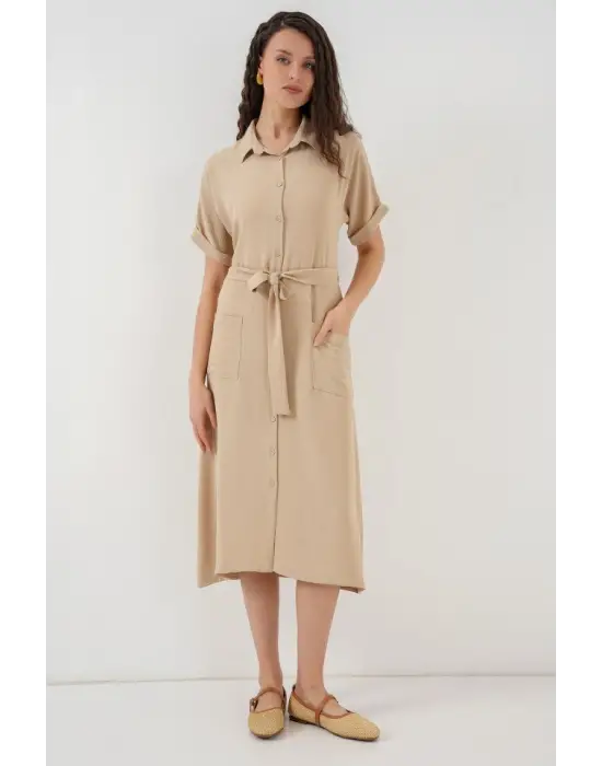 Kısa Kol Elbise 2214 - Bej