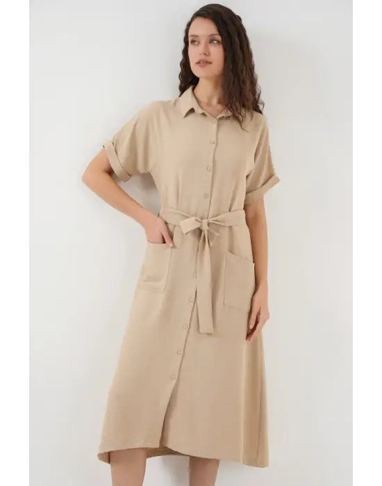 Kısa Kol Elbise 2214 - Bej