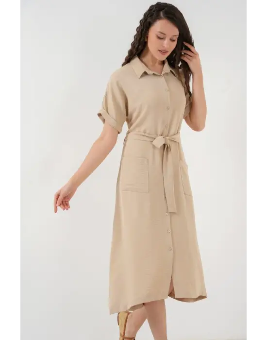Kısa Kol Elbise 2214 - Bej