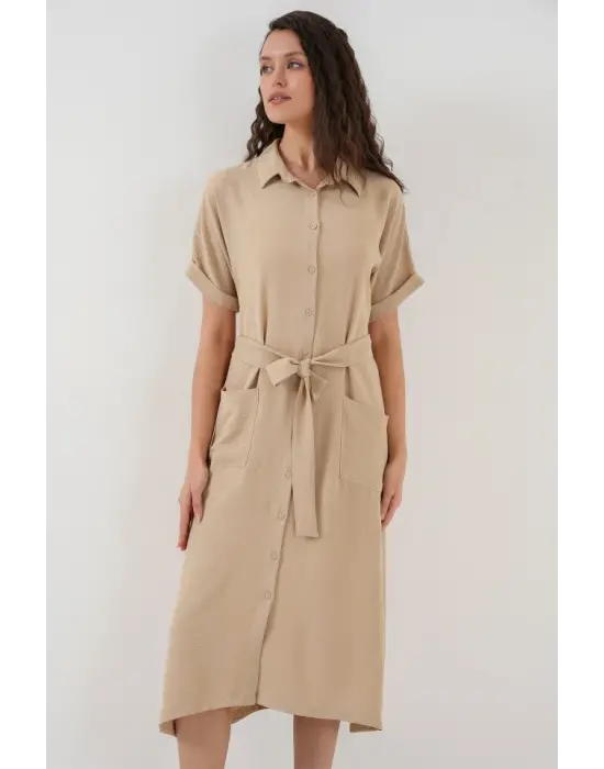 Kısa Kol Elbise 2214 - Bej