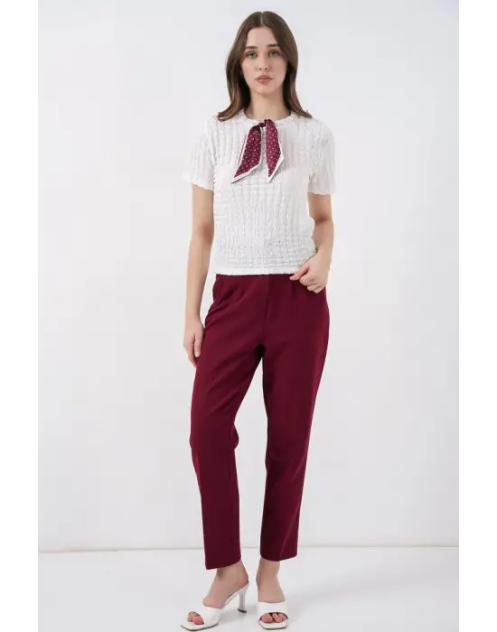 Şık Fularlı Örme Bluz - Beyaz