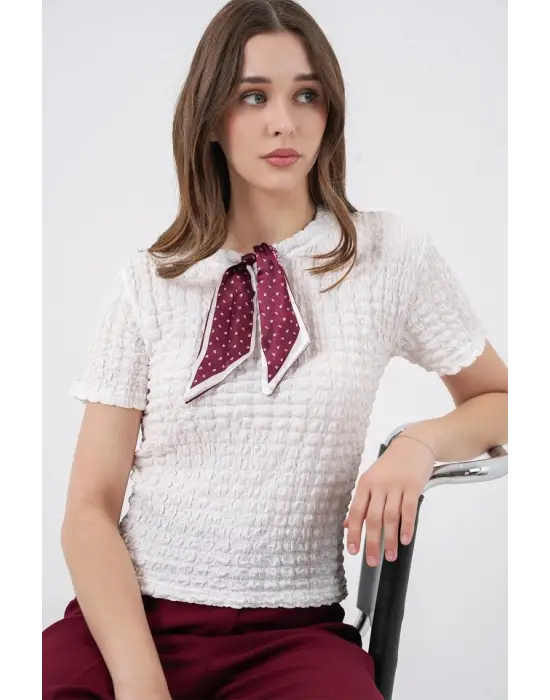 Kısa Kol Fularlı Örme Bluz 981 - Beyaz
