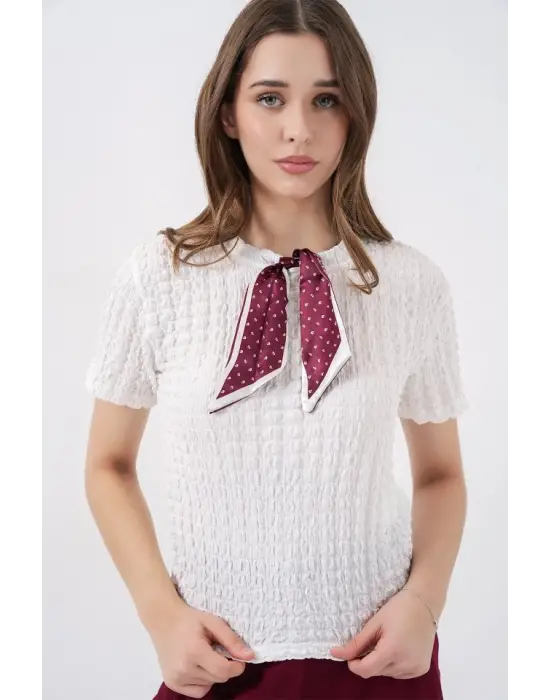 Şık Fularlı Örme Bluz - Beyaz