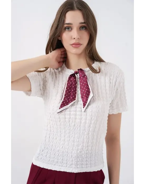 Kısa Kol Fularlı Örme Bluz 981 - Beyaz