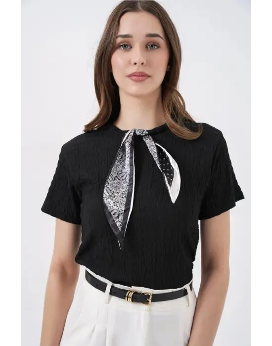 Kısa Kol Fularlı Örme Bluz 981 - Siyah