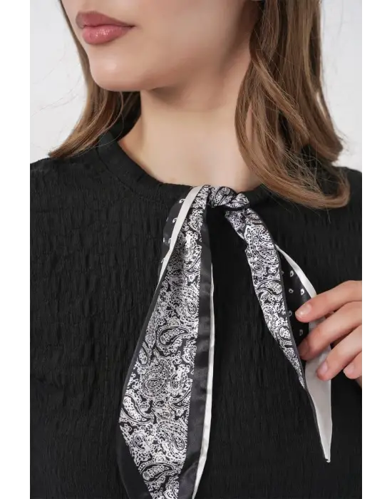 Kısa Kol Fularlı Örme Bluz 981 - Siyah