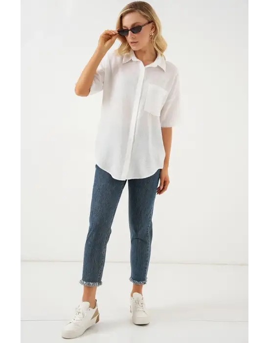 Kısa Kol Keten Görünümlü Gömlek 20336 - Beyaz