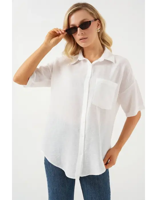 Kısa Kol Keten Görünümlü Gömlek 20336 - Beyaz