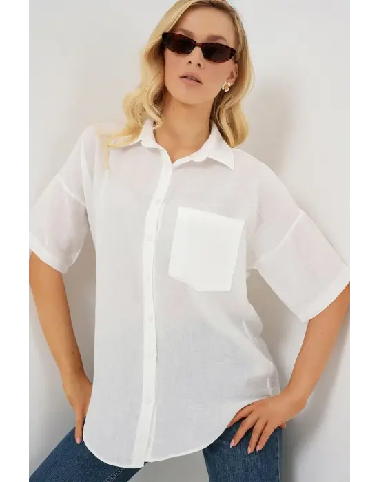 Kısa Kol Keten Görünümlü Gömlek 20336 - Beyaz