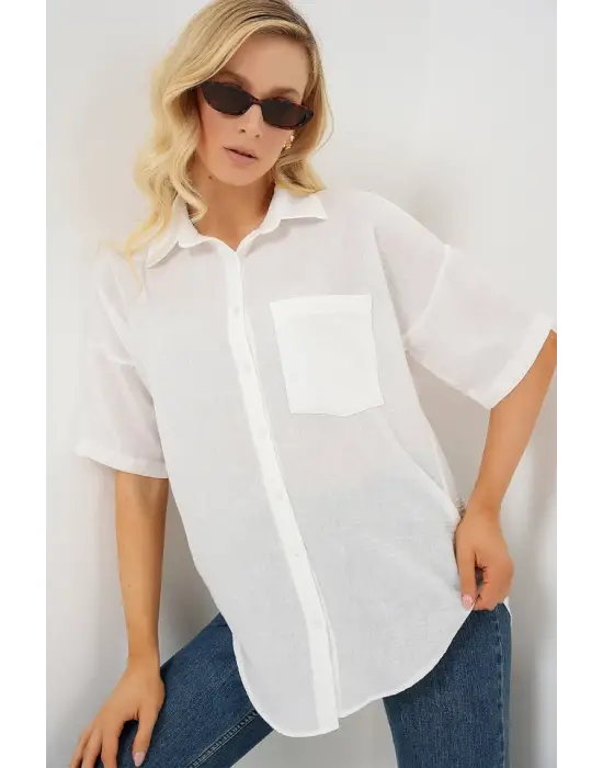 Kısa Kol Keten Görünümlü Gömlek 20336 - Beyaz
