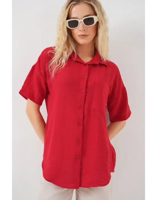Kısa Kol Keten Görünümlü Gömlek 20336 - Kırmızı