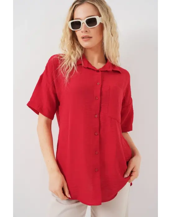 Kısa Kol Keten Görünümlü Gömlek 20336 - Kırmızı