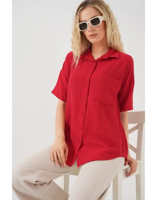 Kısa Kol Keten Görünümlü Gömlek 20336 - Kırmızı