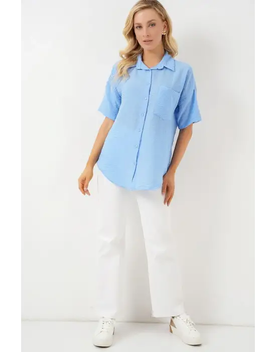 Kısa Kol Keten Görünümlü Gömlek 20336 - Mavi