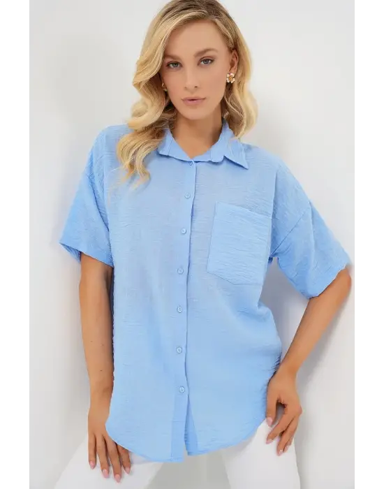Kısa Kol Keten Görünümlü Gömlek 20336 - Mavi