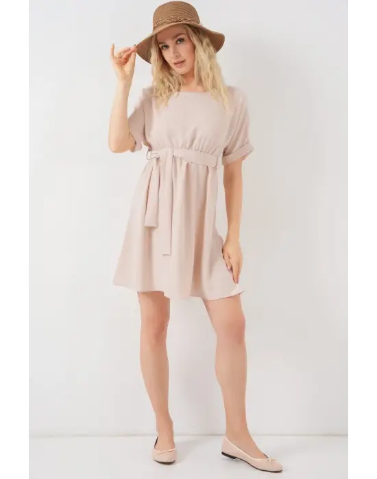 Kısa Kol Mini Ayrobin Elbise 2572 - Krem
