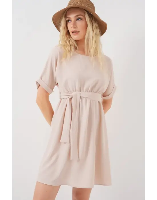 Kısa Kol Mini Ayrobin Elbise 2572 - Krem