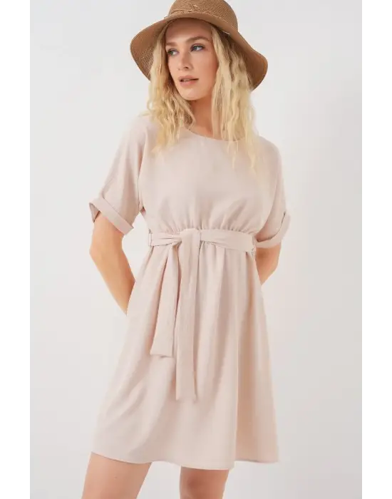 Kısa Kol Mini Ayrobin Elbise 2572 - Krem