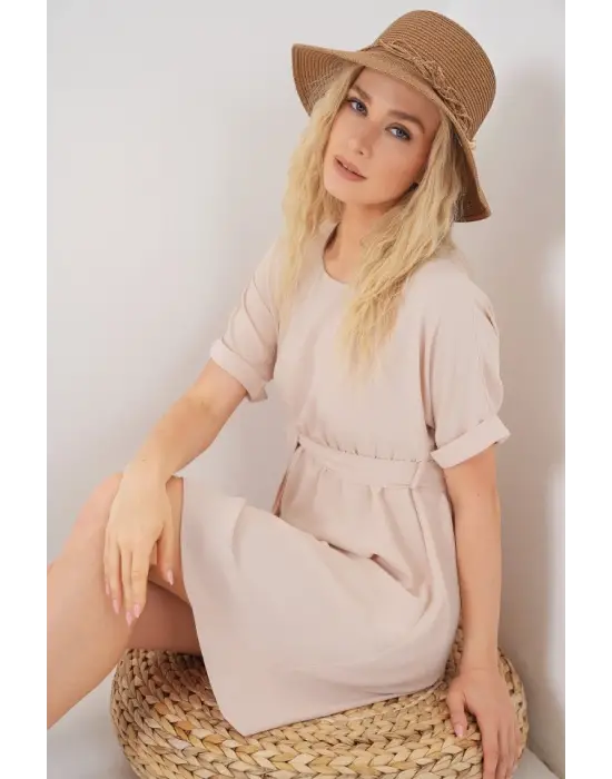 Kısa Kol Mini Ayrobin Elbise 2572 - Krem