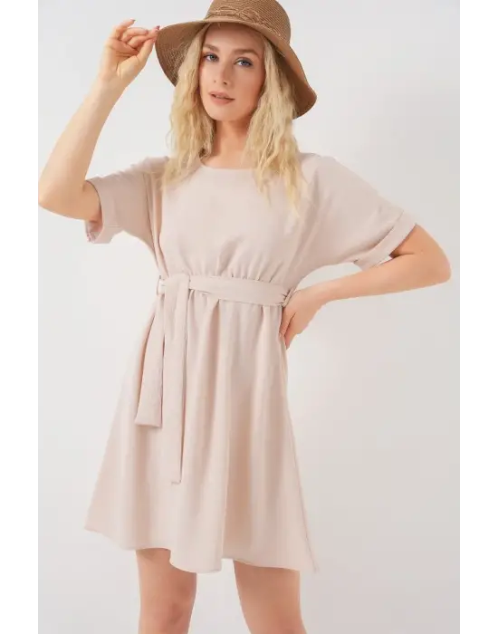 Kısa Kol Mini Ayrobin Elbise 2572 - Krem