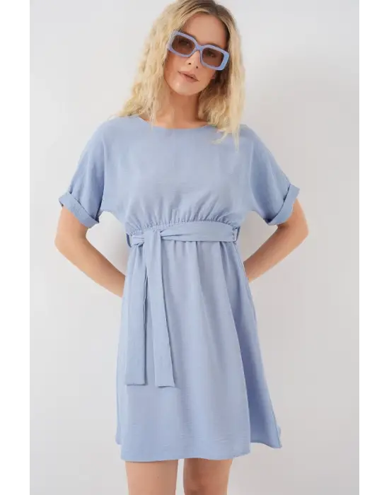 Kısa Kol Mini Ayrobin Elbise 2572 - Mavi