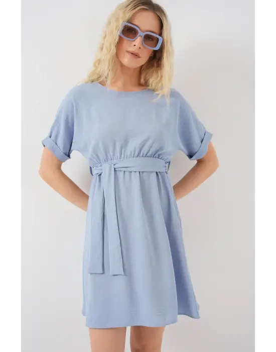 Kısa Kol Mini Ayrobin Elbise 2572 - Mavi