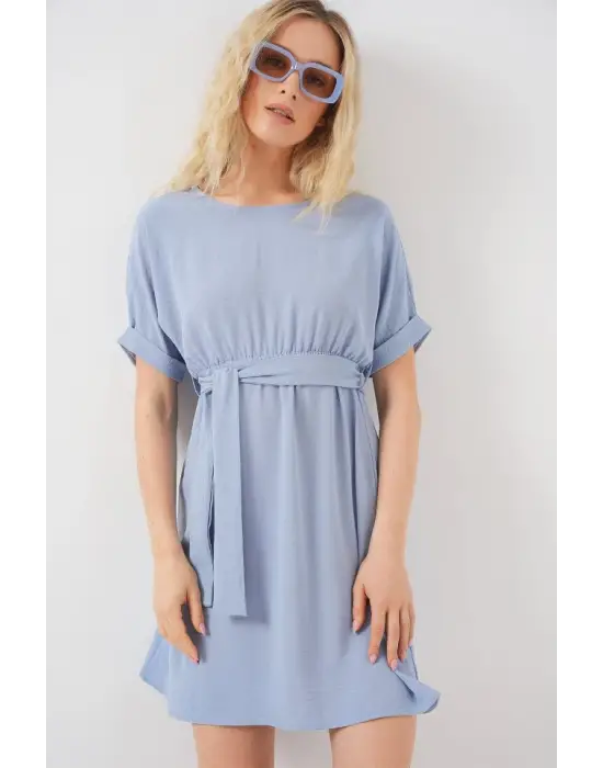 Kısa Kol Mini Ayrobin Elbise 2572 - Mavi