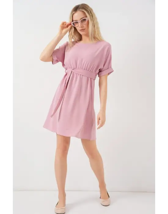 Kısa Kol Mini Ayrobin Elbise 2572 - Pudra