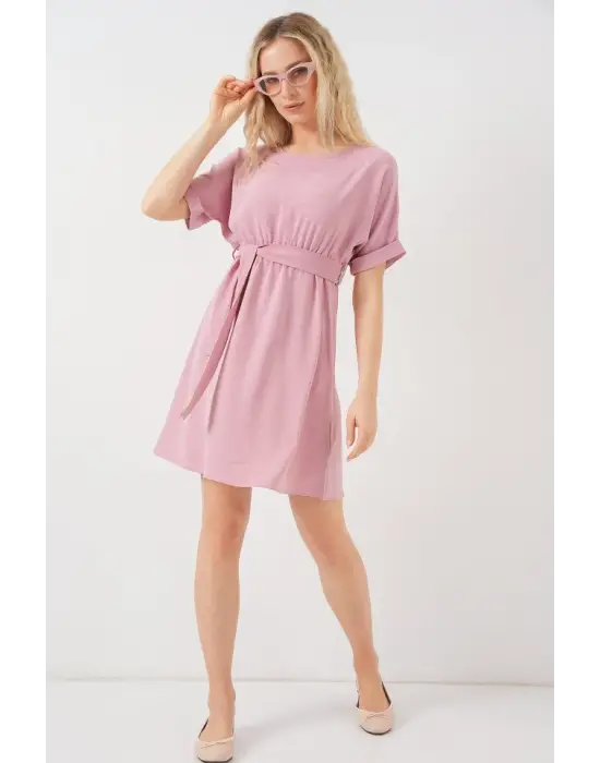Kısa Kol Mini Ayrobin Elbise 2572 - Pudra