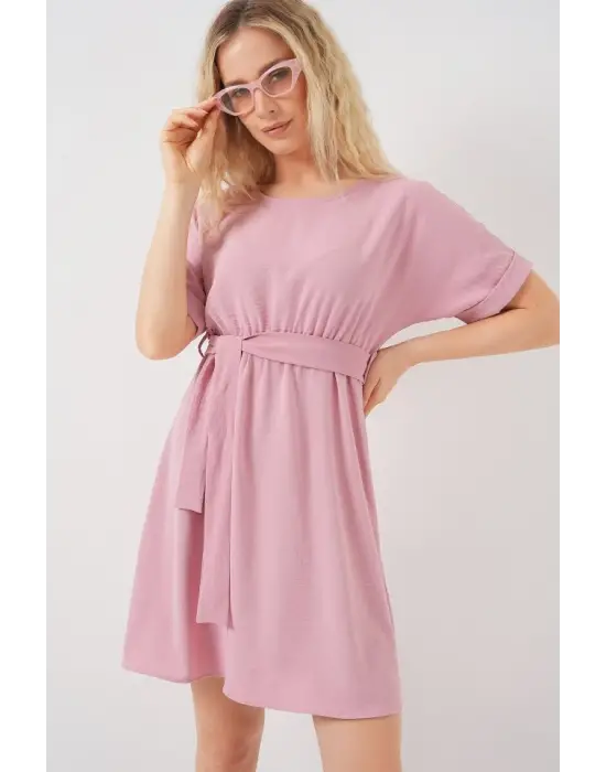Kısa Kol Mini Ayrobin Elbise 2572 - Pudra