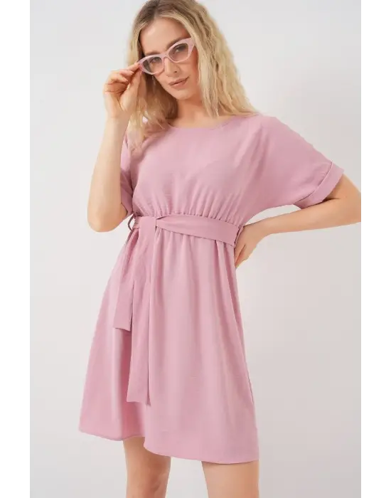 Kısa Kol Mini Ayrobin Elbise 2572 - Pudra