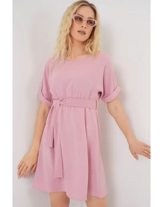 Kısa Kol Mini Ayrobin Elbise 2572 - Pudra