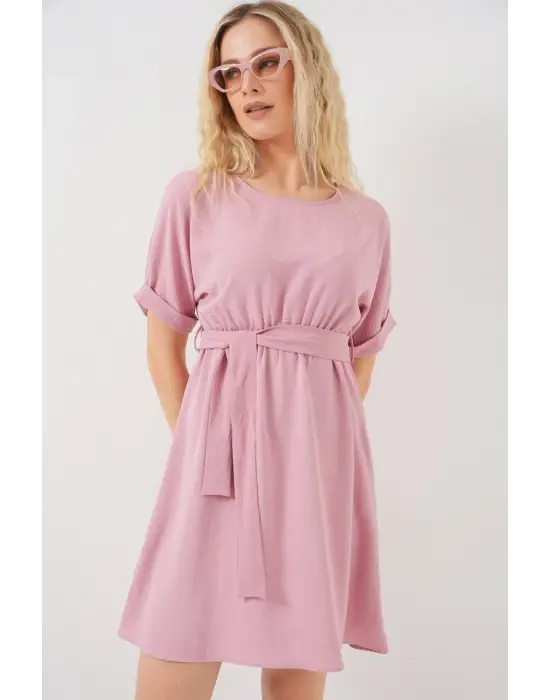 Kısa Kol Mini Ayrobin Elbise 2572 - Pudra