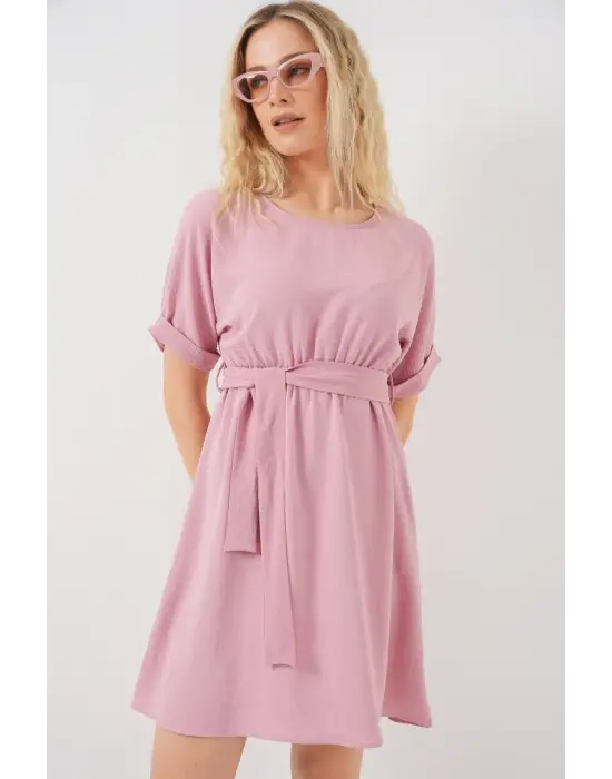 Kısa Kol Mini Ayrobin Elbise 2572 - Pudra
